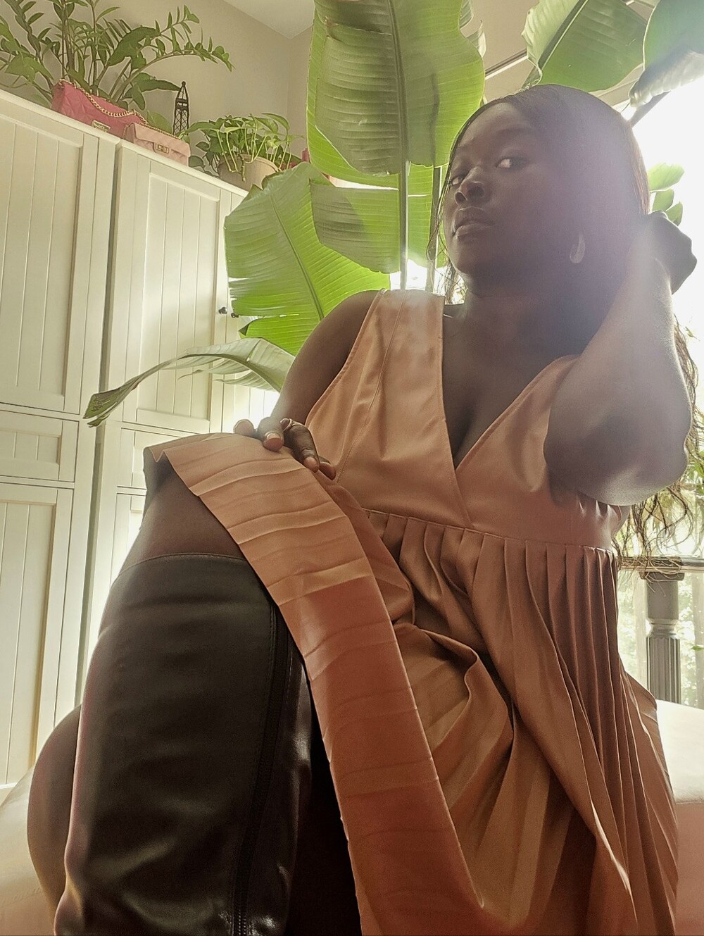 ASOS - Mini Pleated Tan Pleather Dress